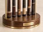 Brass Rail Cue Rack in Brushed brass and walnut — detail photograph