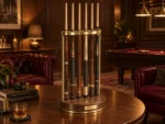 Brass Rail Cue Rack in Brushed brass and walnut — lifestyle photograph