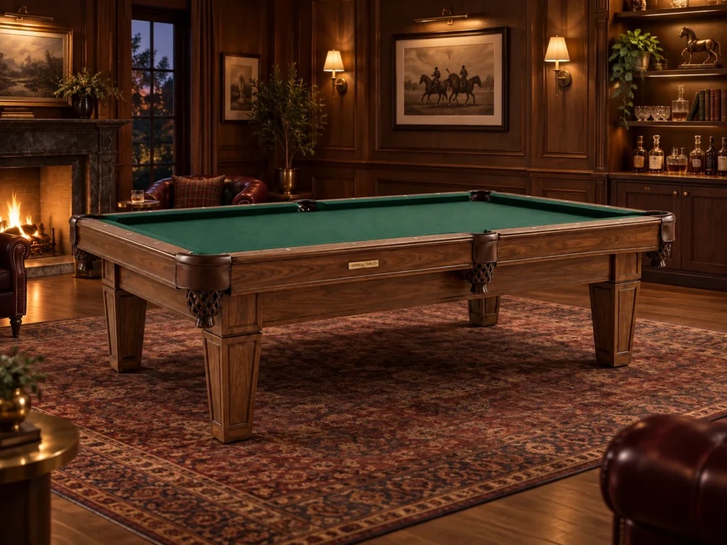 Imperialtables walnut pool table in a warmly lit game room